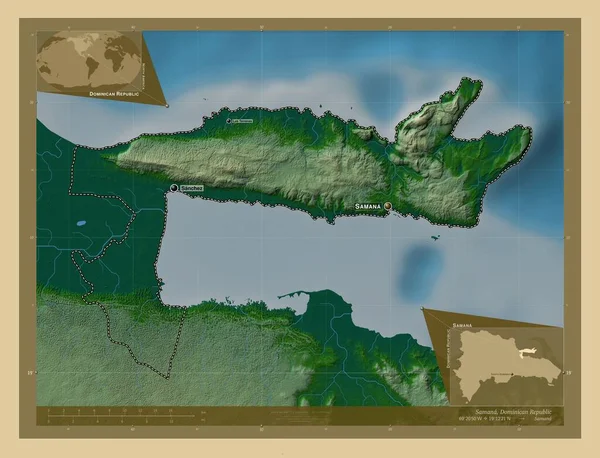 多米尼加共和国萨马纳省 有湖泊和河流的彩色高程图 该区域主要城市的地点和名称 角辅助位置图 — 图库照片