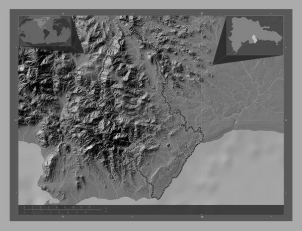 多米尼加共和国San Cristobal省 带湖泊和河流的比尔维尔高程图 角辅助位置图 — 图库照片