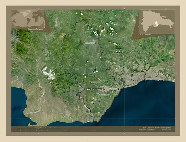 多米尼加共和国San Cristobal省 高分辨率卫星地图 该区域主要城市的地点和名称 角辅助位置图 — 图库照片