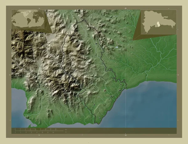 多米尼加共和国San Cristobal省 用Wiki风格绘制的带有湖泊和河流的高程地图 该区域主要城市的所在地点 角辅助位置图 — 图库照片
