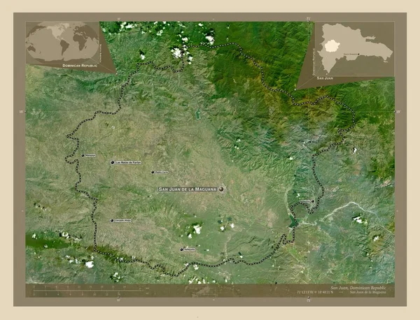 ドミニカ共和国のサンファン州 高解像度衛星地図 地域の主要都市の位置と名前 コーナー補助位置図 — ストック写真
