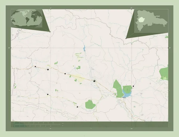 ドミニカ共和国のサンファン州 ストリートマップを開く 地域の主要都市の場所 コーナー補助位置図 — ストック写真
