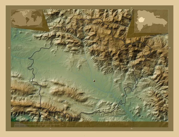 ドミニカ共和国のサンファン州 湖や川と色の標高マップ コーナー補助位置図 — ストック写真