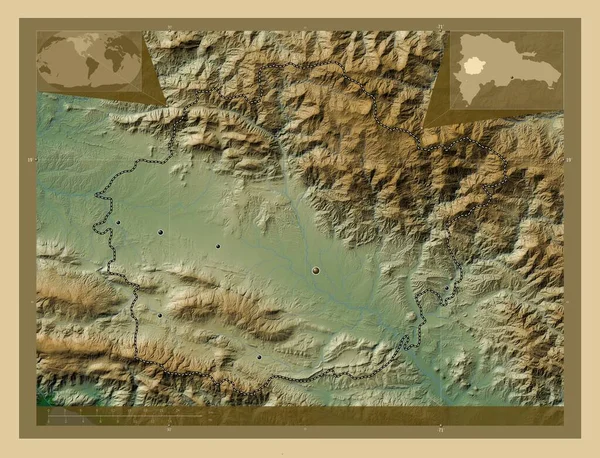 ドミニカ共和国のサンファン州 湖や川と色の標高マップ 地域の主要都市の場所 コーナー補助位置図 — ストック写真
