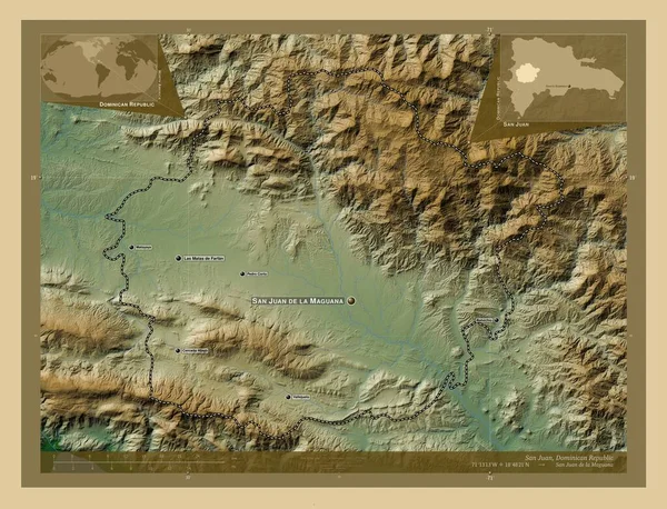 ドミニカ共和国のサンファン州 湖や川と色の標高マップ 地域の主要都市の位置と名前 コーナー補助位置図 — ストック写真