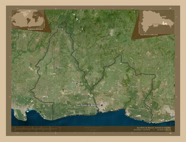 ドミニカ共和国のサンペドロ マコーリス州 低解像度衛星地図 地域の主要都市の位置と名前 コーナー補助位置図 — ストック写真