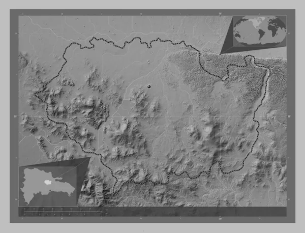 Sanchez Ramirez Province Dominican Republic Grayscale Elevation Map Lakes Rivers — Stock Photo, Image