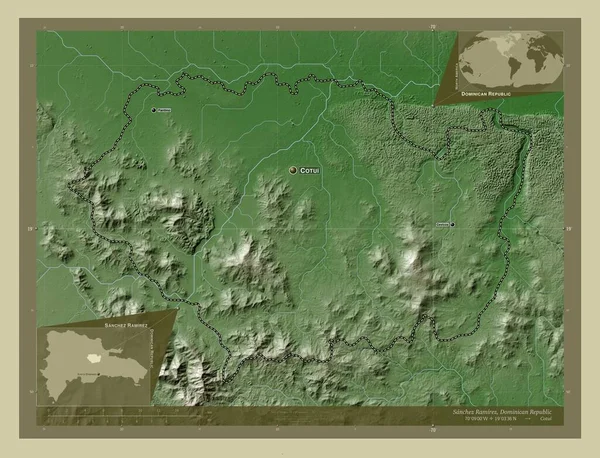 ドミニカ共和国のサンチェス ラミレス州 湖や川とWikiスタイルで着色された標高マップ 地域の主要都市の位置と名前 コーナー補助位置図 — ストック写真
