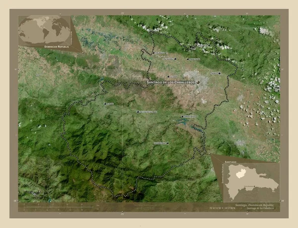 ドミニカ共和国のサンティアゴ州 高解像度衛星地図 地域の主要都市の位置と名前 コーナー補助位置図 — ストック写真