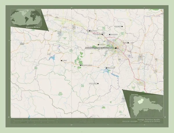 ドミニカ共和国のサンティアゴ州 ストリートマップを開く 地域の主要都市の位置と名前 コーナー補助位置図 — ストック写真