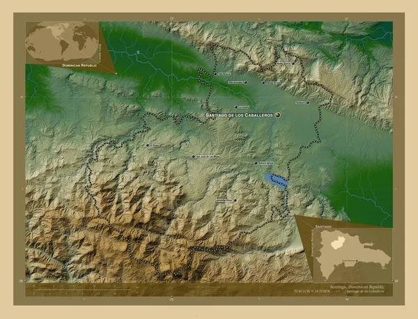 ドミニカ共和国のサンティアゴ州 湖や川と色の標高マップ 地域の主要都市の位置と名前 コーナー補助位置図 — ストック写真