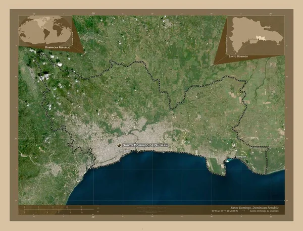 多米尼加共和国 圣多明各 低分辨率卫星地图 该区域主要城市的地点和名称 角辅助位置图 — 图库照片