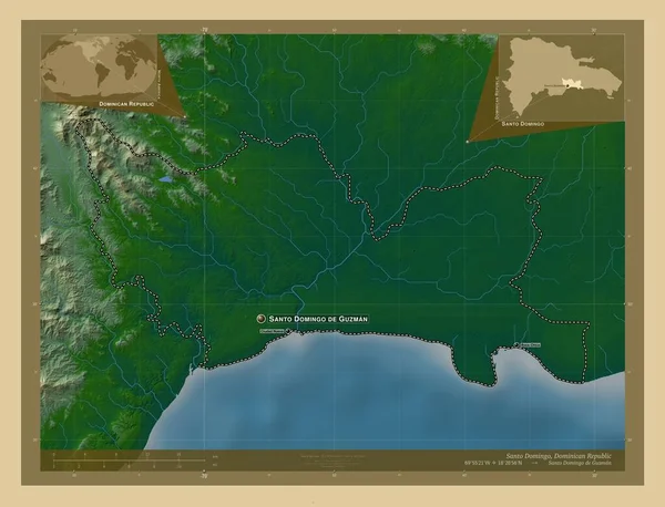 ドミニカ共和国のサントドミンゴ州 湖や川と色の標高マップ 地域の主要都市の位置と名前 コーナー補助位置図 — ストック写真