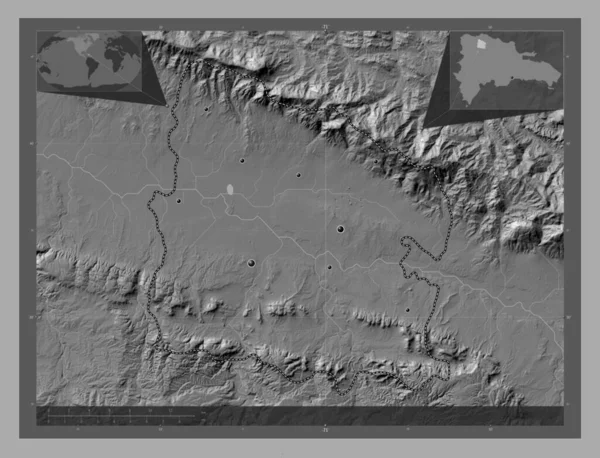 ドミニカ共和国のバルベルデ州 湖や川と二階の標高マップ 地域の主要都市の場所 コーナー補助位置図 — ストック写真