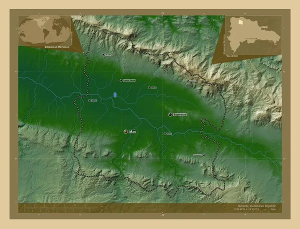 Valverde Prowincja Dominikany Kolorowa Mapa Wzniesień Jeziorami Rzekami Lokalizacje Nazwy — Zdjęcie stockowe
