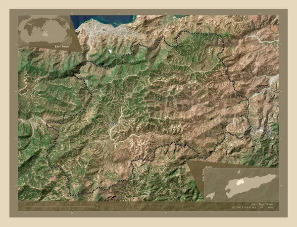 東チモールの自治体Aileu 高解像度衛星地図 地域の主要都市の位置と名前 コーナー補助位置図 — ストック写真