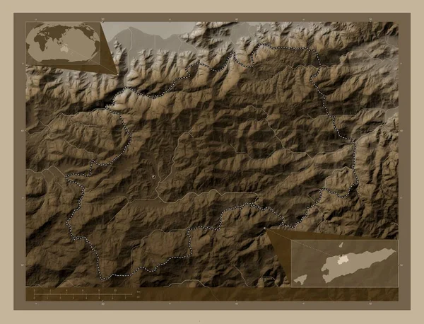 Aileu Municipality East Timor Elevation Map Colored Sepia Tones Lakes — Stock Photo, Image