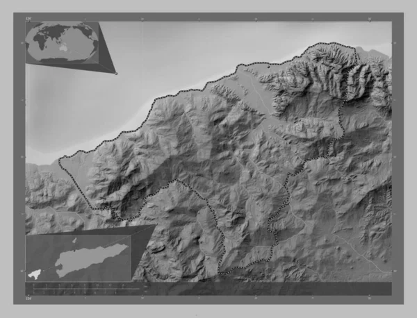 Уекуссе Муніципалітет Східного Тимору Граймасштабна Мапа Висот Озерами Річками Розташування — стокове фото