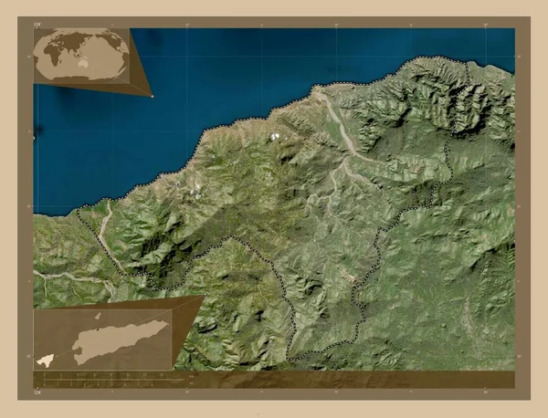 Oecusse 东帝汶市 低分辨率卫星地图 角辅助位置图 — 图库照片
