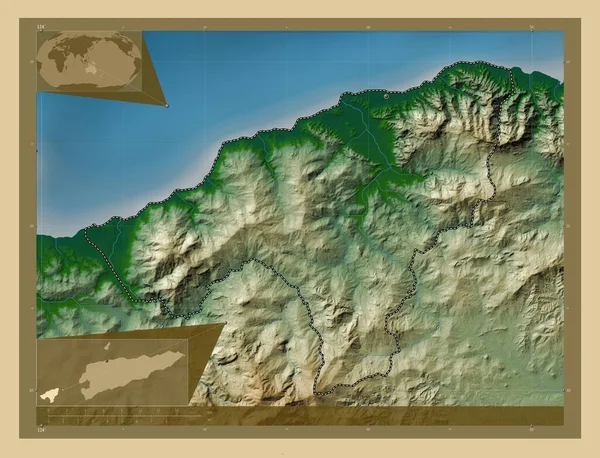 Oecusse Gmina Timor Wschodni Kolorowa Mapa Wzniesień Jeziorami Rzekami Lokalizacje — Zdjęcie stockowe