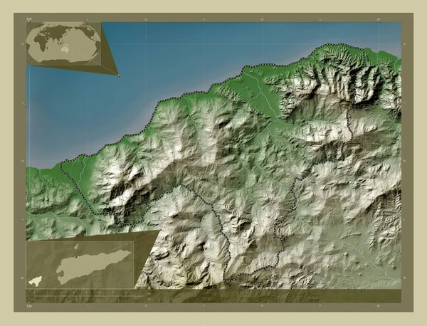 Oecusse Gmina Timor Wschodni Mapa Wzniesień Kolorowa Stylu Wiki Jeziorami — Zdjęcie stockowe