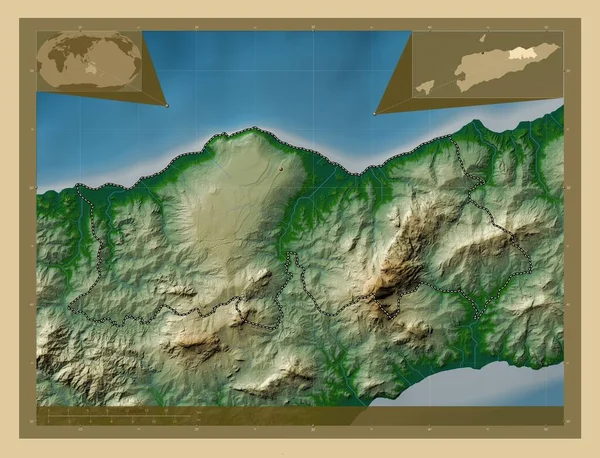 Baucau Municipality East Timor Colored Elevation Map Lakes Rivers Corner — Stock Photo, Image