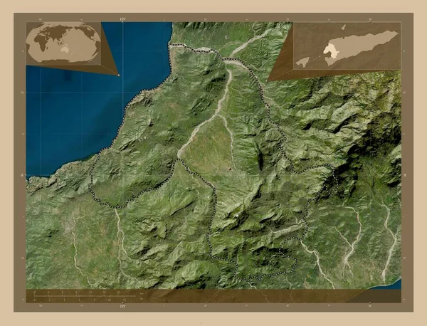 东帝汶市Bobonaro 低分辨率卫星地图 该区域主要城市的所在地点 角辅助位置图 — 图库照片