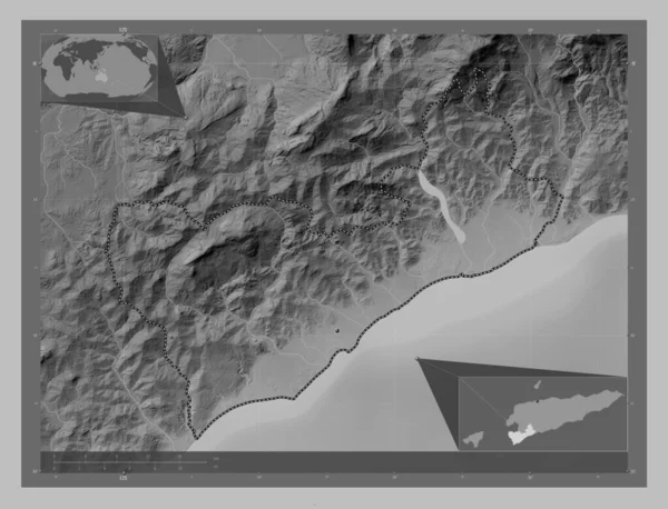 东帝汶市Covalima 带有湖泊和河流的灰度高程图 该区域主要城市的所在地点 角辅助位置图 — 图库照片