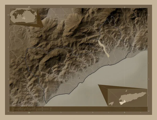 Ковалима Муниципалитет Восточного Тимора Карта Высоты Окрашенная Сепиевые Тона Озерами — стоковое фото