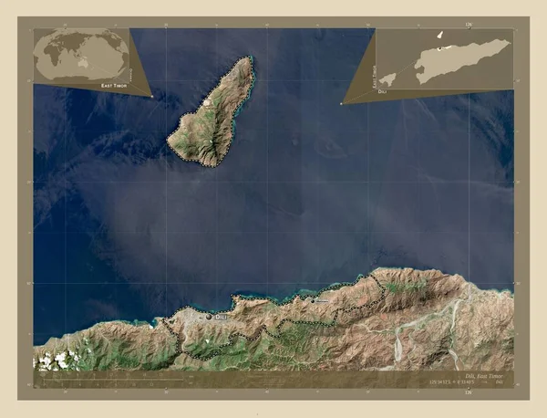 Dili Δήμος Ανατολικού Τιμόρ Υψηλής Ανάλυσης Δορυφορικός Χάρτης Τοποθεσίες Και — Φωτογραφία Αρχείου