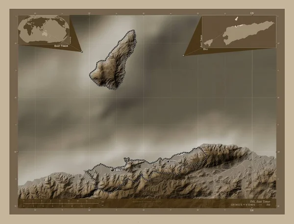 Dili Municipality East Timor Elevation Map Colored Sepia Tones Lakes — Stock Photo, Image