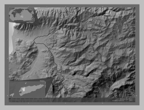Ermera 东帝汶市 带有湖泊和河流的灰度高程图 该区域主要城市的地点和名称 角辅助位置图 — 图库照片