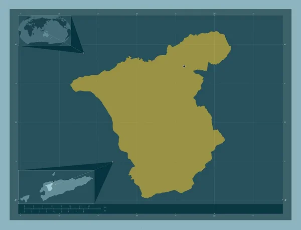 エルメラ 東ティモールの自治体 しっかりした色の形 地域の主要都市の場所 コーナー補助位置図 — ストック写真