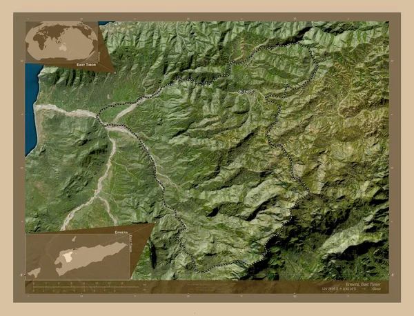 Ermera 东帝汶市 低分辨率卫星地图 该区域主要城市的地点和名称 角辅助位置图 — 图库照片
