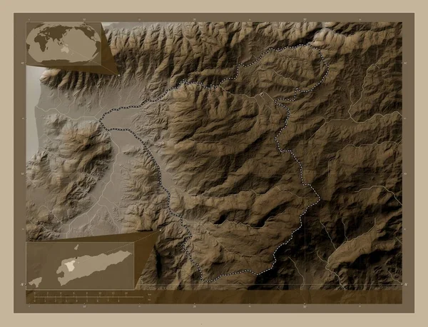 Ermera Δήμος Ανατολικού Τιμόρ Υψόμετρο Χάρτη Χρωματισμένο Τόνους Σέπια Λίμνες — Φωτογραφία Αρχείου