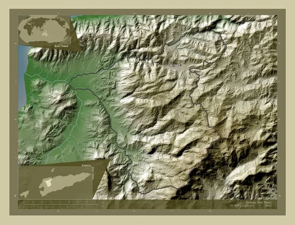 エルメラ 東ティモールの自治体 湖や川とWikiスタイルで着色された標高マップ 地域の主要都市の位置と名前 コーナー補助位置図 — ストック写真