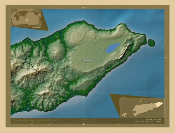 Лаутем Муниципалитет Восточного Тимора Цветная Карта Высоты Озерами Реками Места — стоковое фото