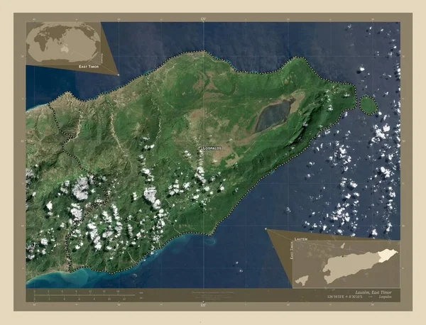 東チモールの自治体 高解像度衛星地図 地域の主要都市の位置と名前 コーナー補助位置図 — ストック写真