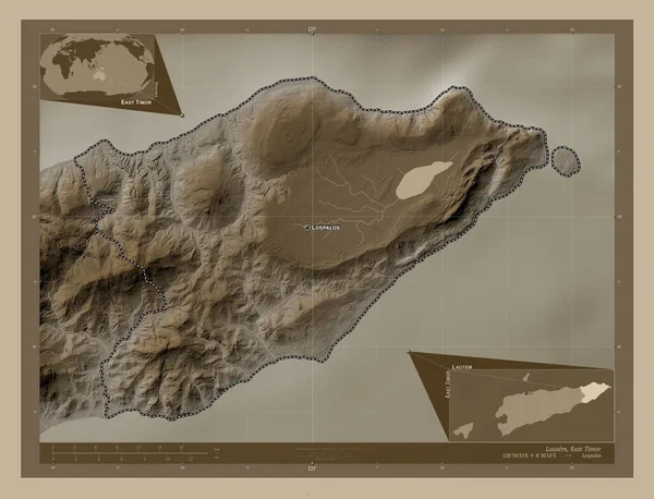 Lautem Gemeinde Osttimor Höhenkarte Sepiatönen Mit Seen Und Flüssen Orte — Stockfoto