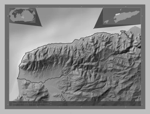 Liquica Gemeinde Osttimor Graustufen Höhenkarte Mit Seen Und Flüssen Eck — Stockfoto