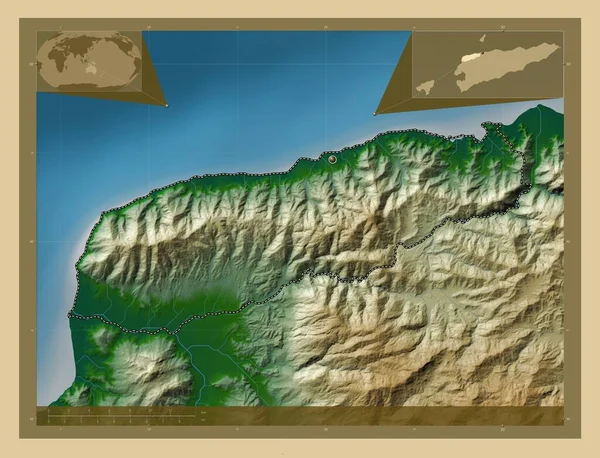 利基卡 东帝汶市 有湖泊和河流的彩色高程图 角辅助位置图 — 图库照片