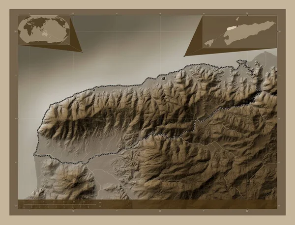 Liquica Δήμος Του Ανατολικού Τιμόρ Υψόμετρο Χάρτη Χρωματισμένο Τόνους Σέπια — Φωτογραφία Αρχείου
