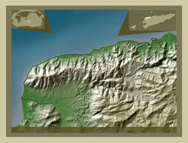 利基卡 东帝汶市 用Wiki风格绘制的带有湖泊和河流的高程地图 该区域主要城市的所在地点 角辅助位置图 — 图库照片