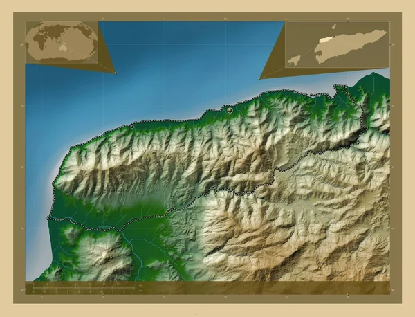 利基卡 东帝汶市 有湖泊和河流的彩色高程图 该区域主要城市的所在地点 角辅助位置图 — 图库照片