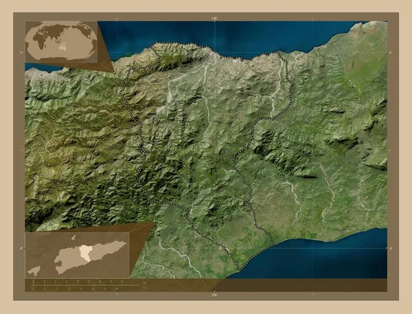 東チモールの自治体 マナト 低解像度衛星地図 地域の主要都市の場所 コーナー補助位置図 — ストック写真