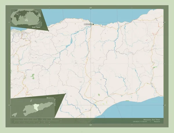 Manatuto Municipality East Timor 开放街道地图 该区域主要城市的地点和名称 角辅助位置图 — 图库照片