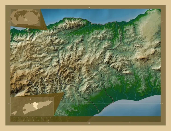 Manatuto Doğu Timor Belediyesi Gölleri Nehirleri Olan Renkli Yükseklik Haritası — Stok fotoğraf