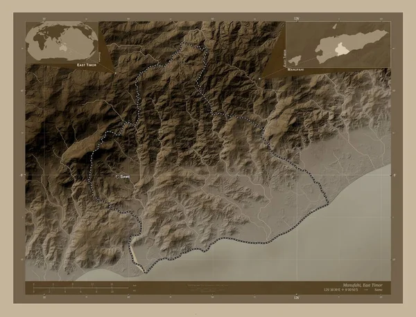 Manufahi Δήμος Ανατολικού Τιμόρ Υψόμετρο Χάρτη Χρωματισμένο Τόνους Σέπια Λίμνες — Φωτογραφία Αρχείου