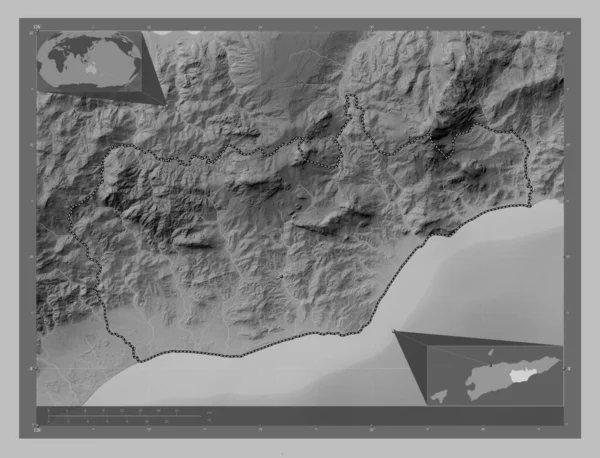 Viqueque Östtimors Kommun Grayscale Höjdkarta Med Sjöar Och Floder Hjälpkartor — Stockfoto