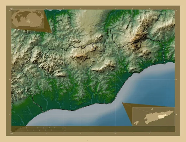 Viqueque Comune Timor Est Mappa Elevazione Colorata Con Laghi Fiumi — Foto Stock